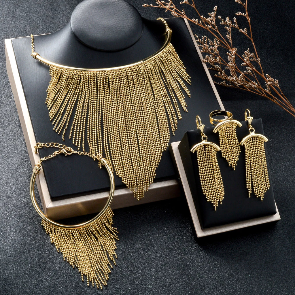 Women's Four Piece Jewelry Set Geometric Retro Y-Shaped Bead Tassel Pendant Elegant Collar for Banquets
