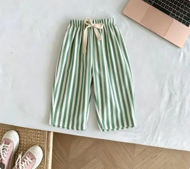 Kids Casual Loose Fit Pants Cotton Trousers With Striped Drawstring Design Multiple Color Choices Suitable For Boys And Girls