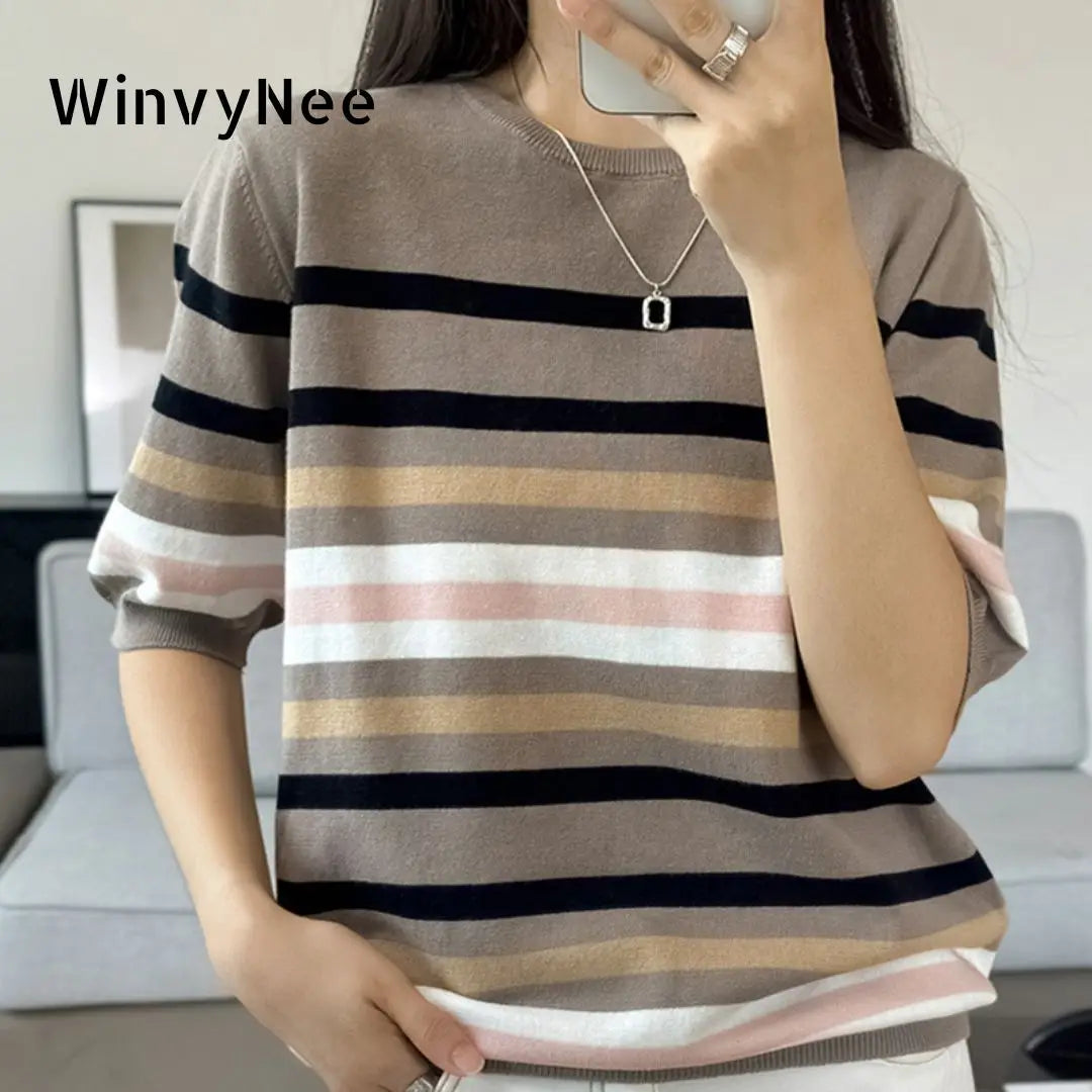 WinvyNee Summer Women‘s 100% Cotton T-shirt Tops Short Sleeve O Neck Striped Sweaters Casual Basic Female Pullover Tops A1002028
