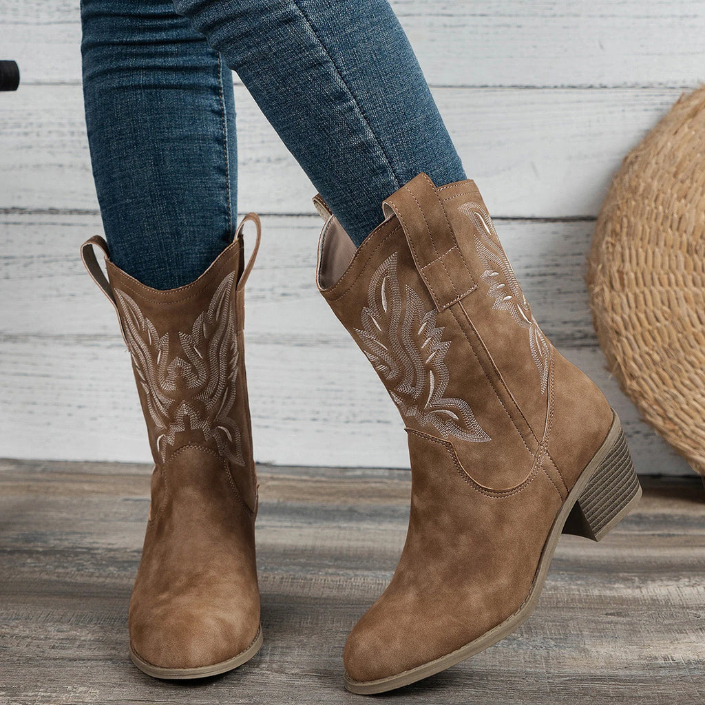 Shoes for Women New Embroidered Western Cowboy Boots Women Autumn Pointed Toe Thick Heel High Knee Boots Woman Botas De Mujer