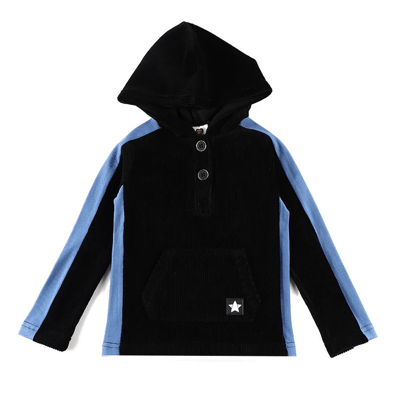 Kids Shirt Black Corduroy Dress Side Denim Panel Long Sleeves Boy/Girls T-Shirt Cangroo Pocket Family Set Outfit Hoodie Clothing