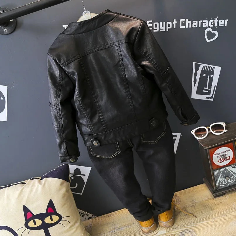 2025 Girls Boys Black Pu Zipper Jackets Kids Baby Leather Jacket  Cool Coat Children Clothes Overcoats Spring Autumn 2-14T