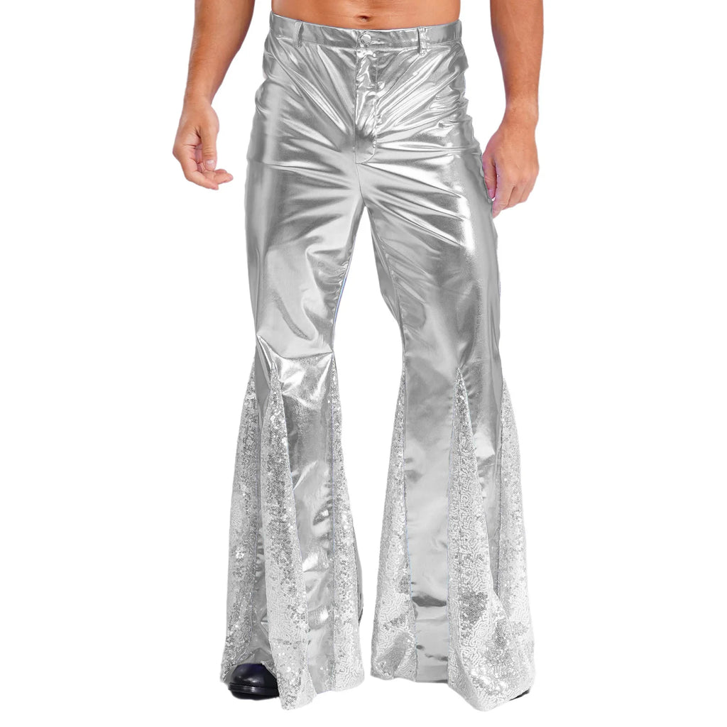 Mens Shiny Metallic 70s Disco Flared Pants Hippie Vintage Hip Hop Carnival Performance Costume Sequins Bell Bottoms Trousers