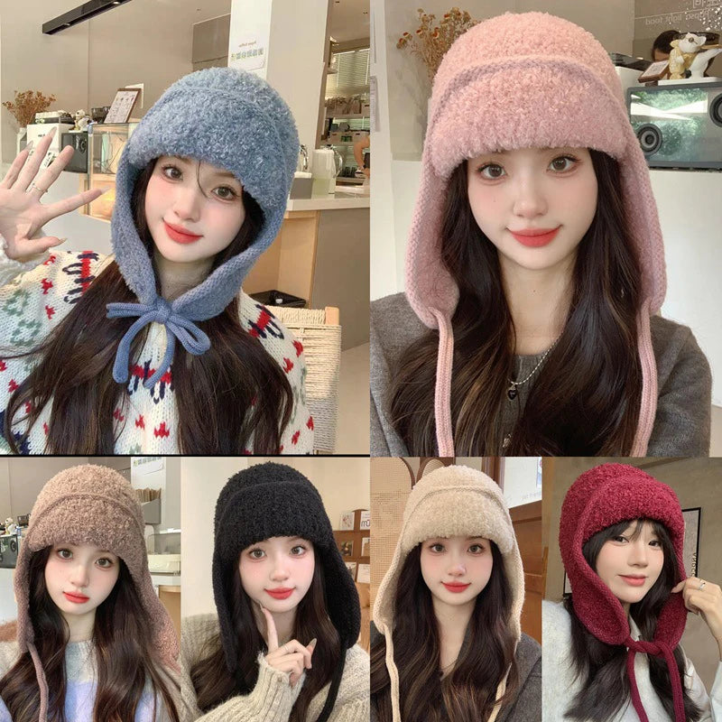 Ear-protective Woolen Knitted Hats for Women, Autumn Winter Thickened Fleece Caps, Ideal for Large Head Circumference