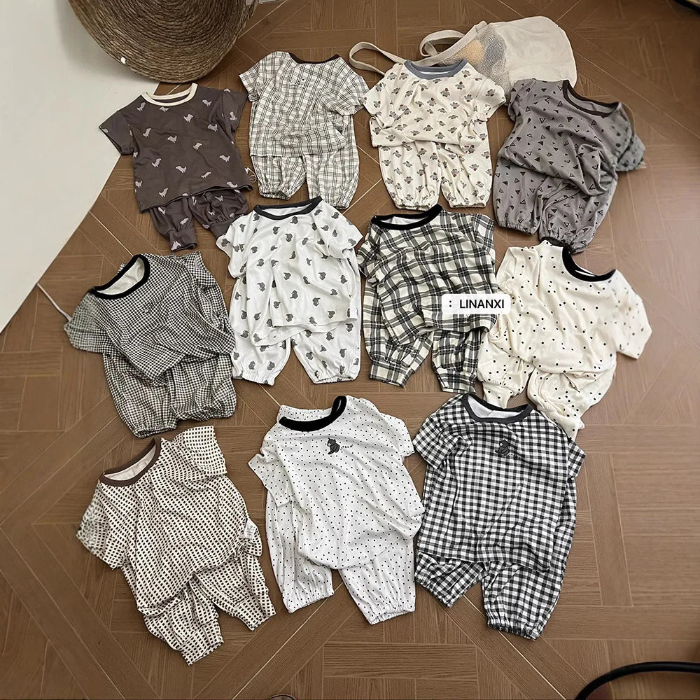 2025 Summer Kids Pajama Sets Home Wear Clothes Children's New Pajamas Knitted Set Cartoon Print Sleepwear Pajama Set