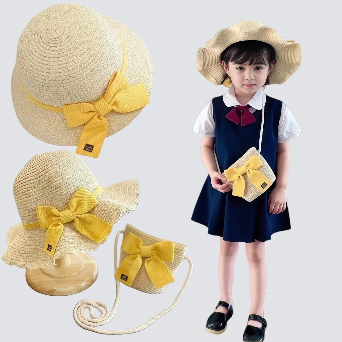 Kids Hat For Girls 2-7Y Straw Children's Sunshade Cap Bag Summer Baby Travel Sunscreen Beach Hat Sun Fisherman Cap Fashion Style