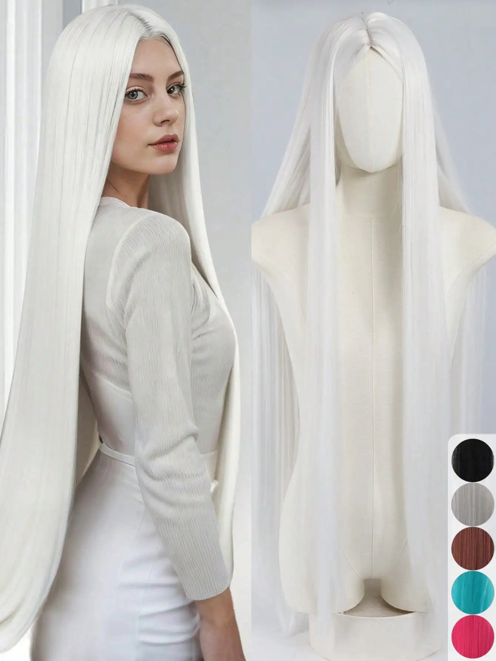 Women's center-parted natural straight white wig suitable for everyday wear and Easter or Halloween costumes Synthetic fiber wig