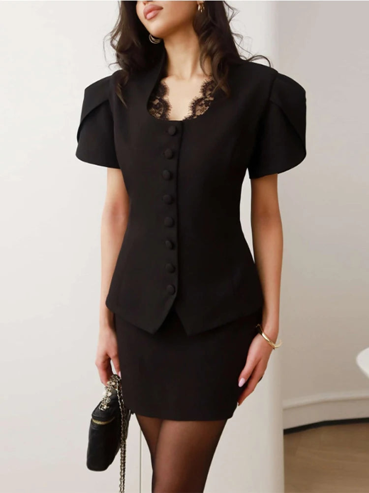 Elegant Fitted Shirts Women V Neck Lace Patchwork Single Breasted Puffy Short Sleeves Solid Blouse Female 2026 Spring New Tops