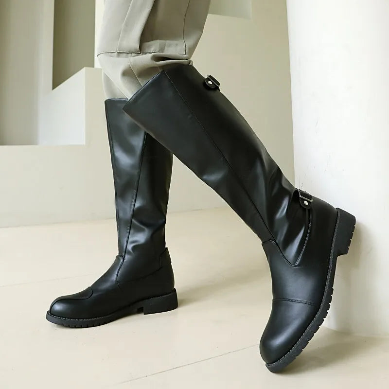 Men Knee High Boots Belt Buckle Long Boots Round Toe Thick Heel Mid-Calf Boots Fashion Motorcycle Boot Zipper Leather Men Shoes