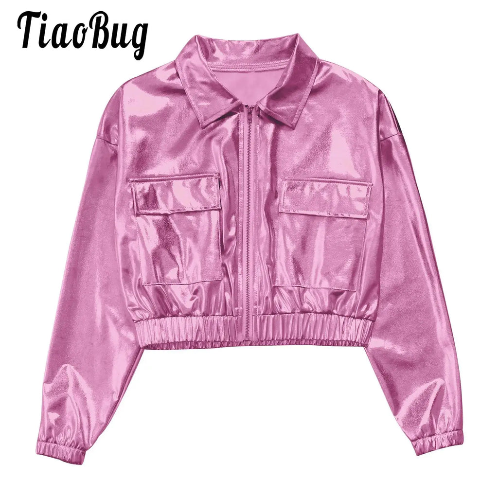Kids Boys Girls Metallic Shiny Jacket for Hip-Hop Jazz Dance Tops Long Sleeve Flap Pockets Outwear Dancing Performance Costumes