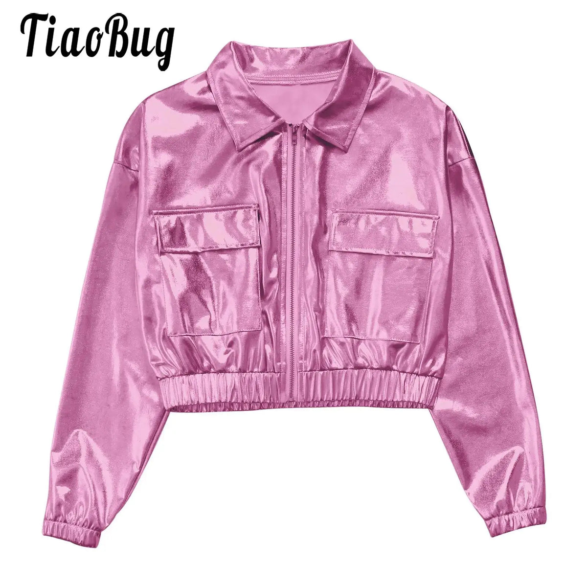 Kids Boys Girls Metallic Shiny Jacket for Hip-Hop Jazz Dance Tops Long Sleeve Flap Pockets Outwear Dancing Performance Costumes