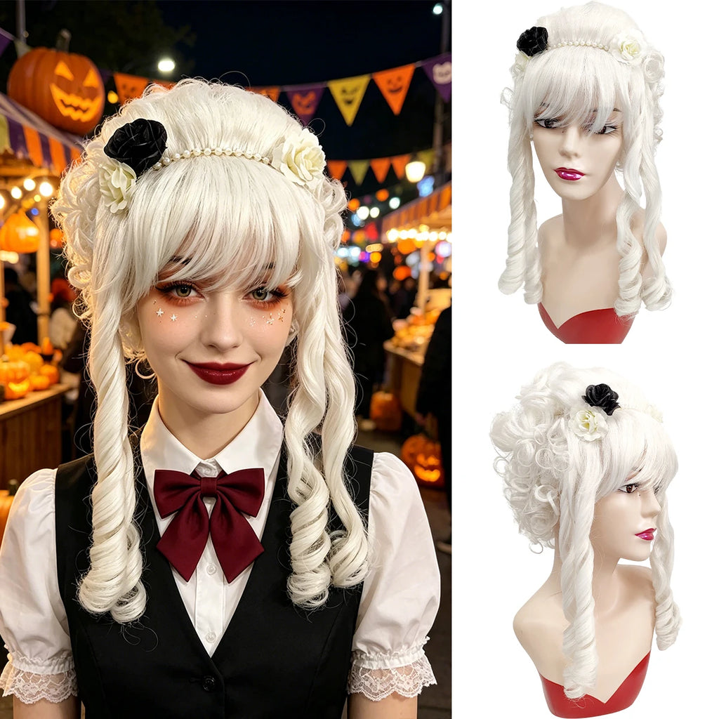 White Curly Updo Synthetic Wig Floral Gothic Rococo Victorian Women Halloween Lolita Cosplay Party Costume Hairpiece