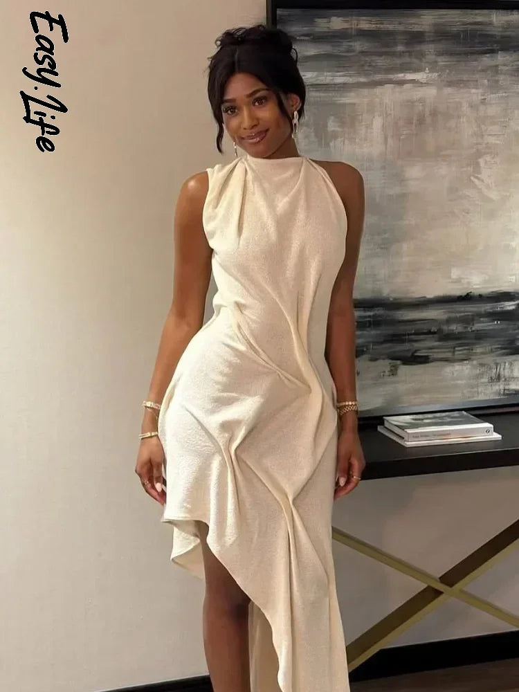 Woman Burgundy Asymmetrical Ruched Mini Dress Elegant Sleeveless Halter Neck Robe Fashion 2026 Lady Summer Evening Party Dresses