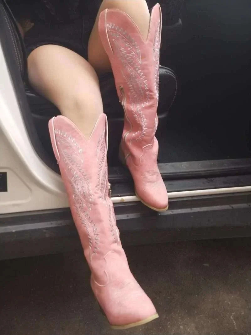 Women Fashion Boots Spring Low Heel Women Shoes Cool British Embroidered Design Soft Short Boots Party Knee High Boots Pink2024