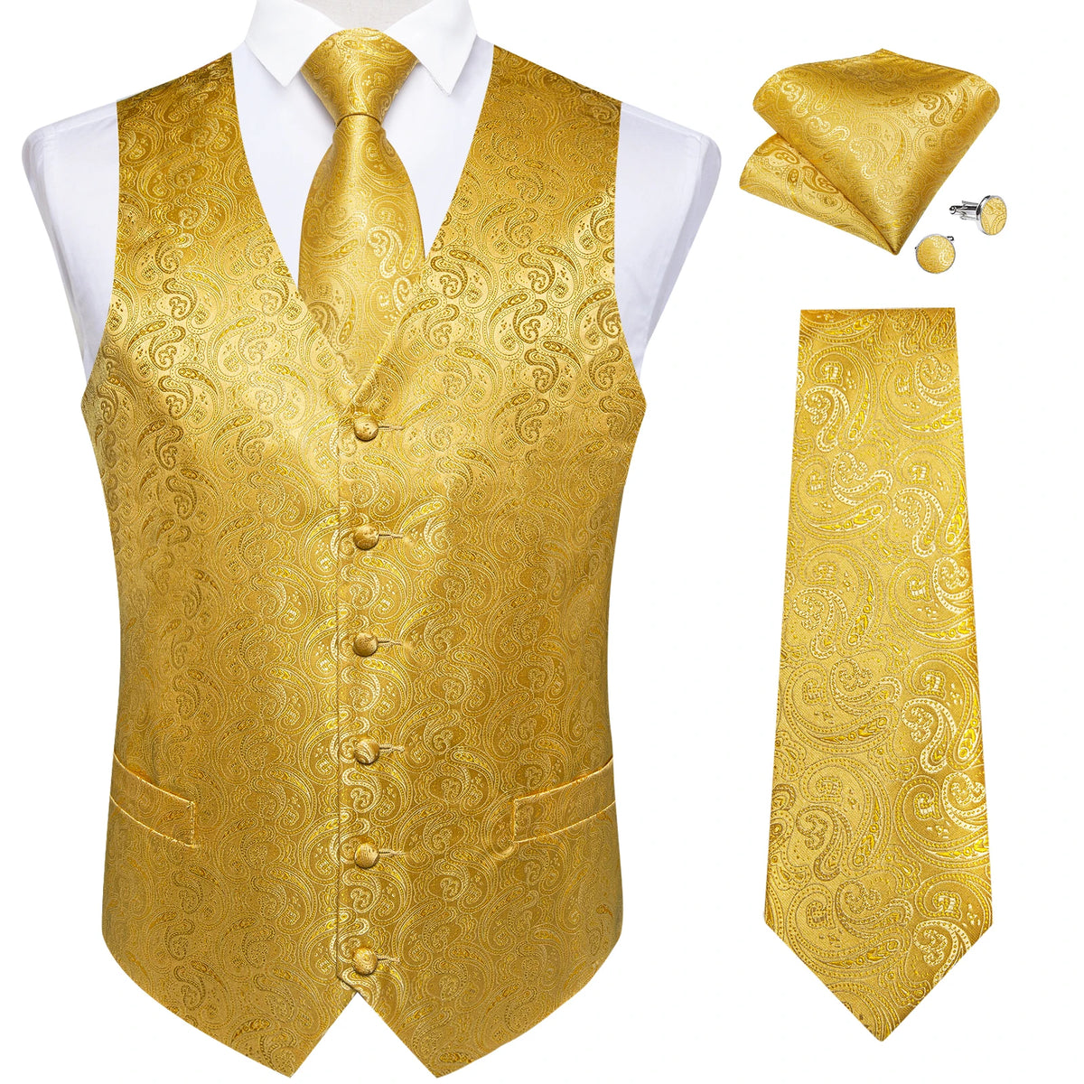Luxury Paisley Gold Vest for Man Formal Yellow Solid Men's Waistcoat Necktie Pocket Square Wedding Business Chaleco Hombre