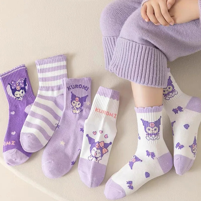 5 Pairs Kuromi Kids Socks Autumn Winter Cute Cartoon Crew Socks for Girls Kawaii Socks