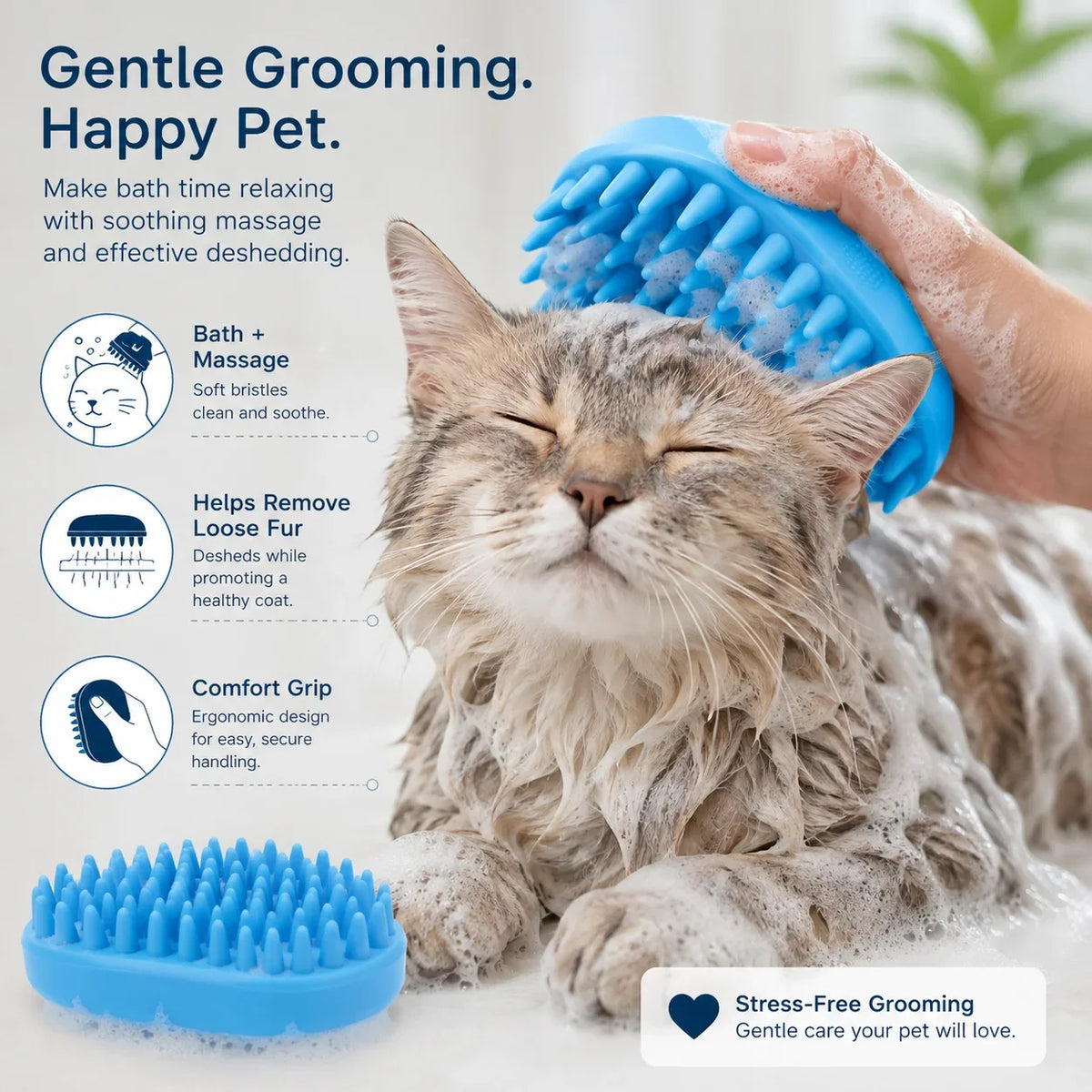Pet Massage De-Shedding Brush, Soft Dog Bath Cleaning Scrubber, Hair Removal Grooming Tool for Pets