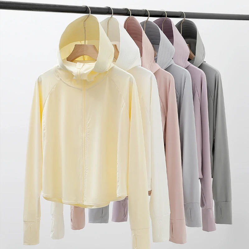 Full Coverage UPF 40+ Sun Protection Jacket Women Summer Breathable UV Protection Hooded Jacket Woman Loose Cropped Cardigan Top