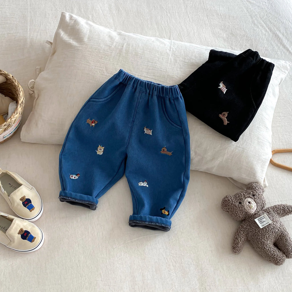 Winter Kids Pants Fur Lining Boys Jeans Embroidery Girls Denim Pants Thicken Girls Trousers
