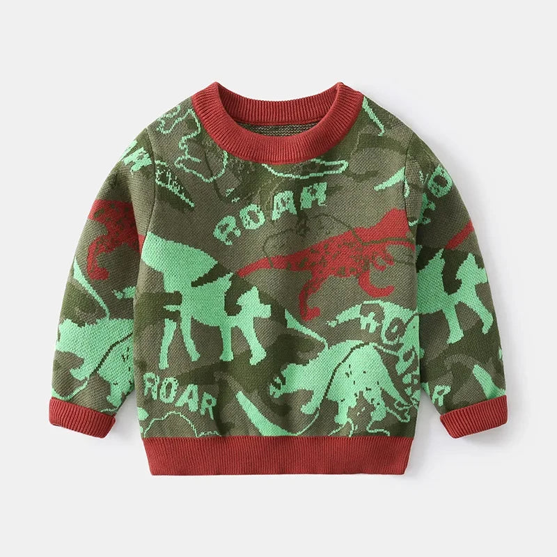 New 2023 Kids Children Pullover Sweater Autumn Winter Boys Cute Cartoon Jacquard O-neck Knitted Jumper Sweaters Tops Clothing