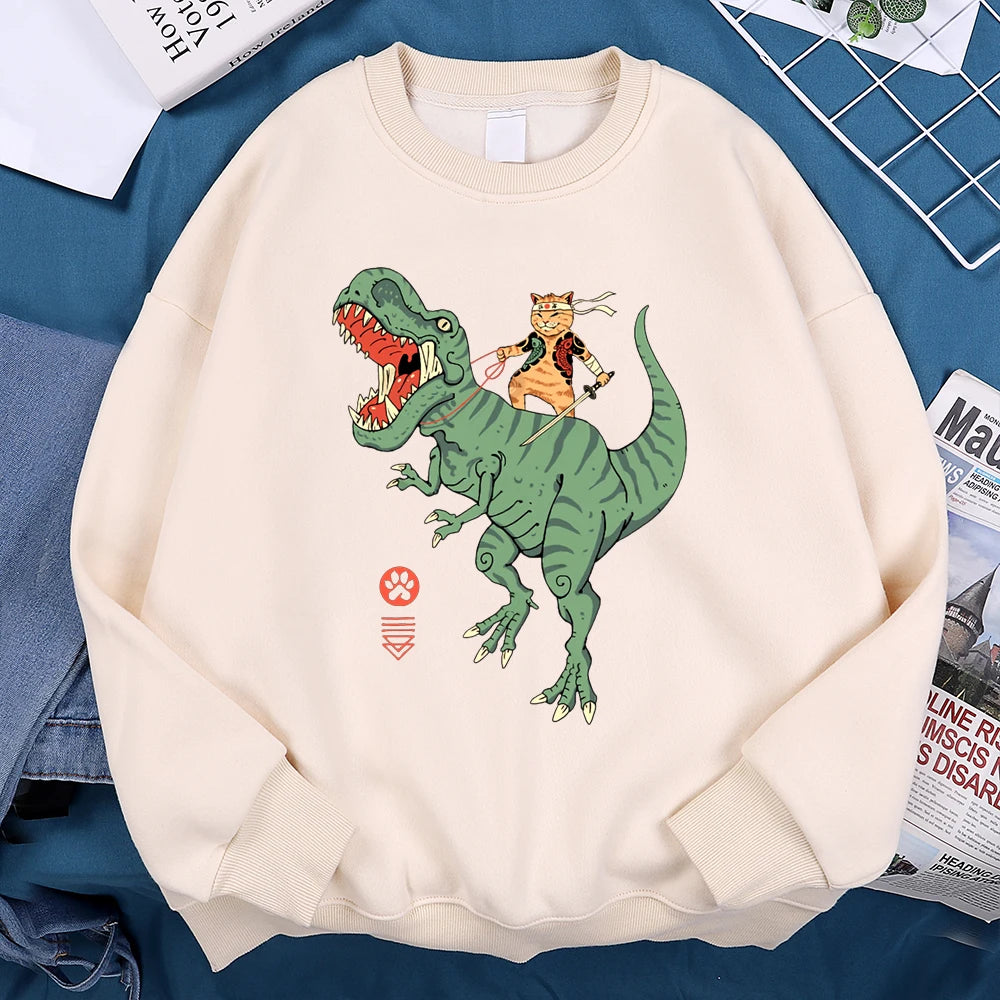 Japanese Harajuku Riding Dinosaur Cat Men Women Hoodie Fashion Fleece Hoodies Autumn Casual Clothing Fleece Oversized Streetwear