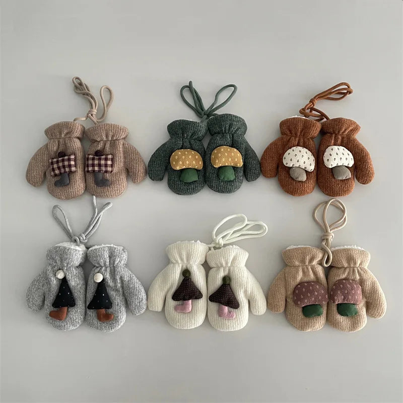 Children's Gloves 2025 Autumn Winter New Ins Mushroom Thick Glove Baby Boys And Girls Hanging Neck Children's Snow Mittens