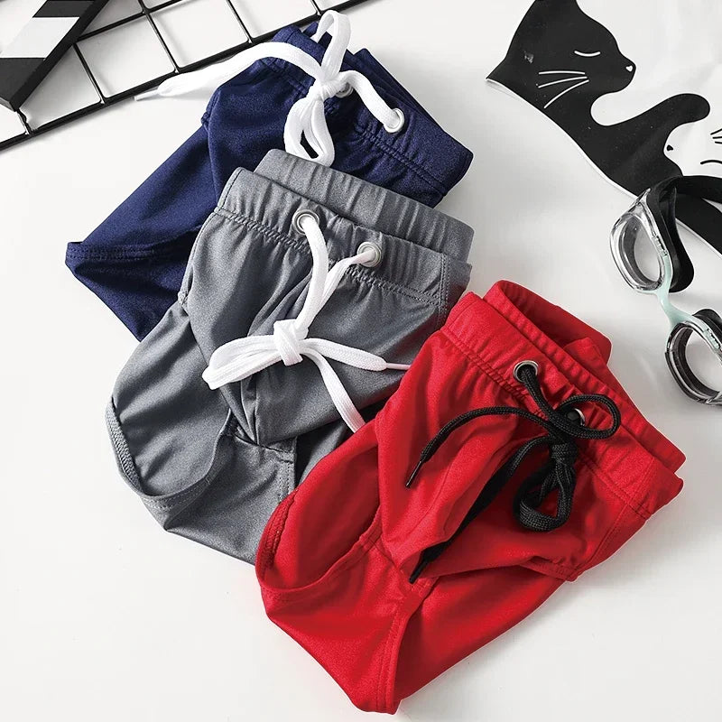Men's Solid Color Low Waist Swimming Briefs with Tie Rope Quick Dry Double Layer Beach Shorts Anti-Embarrassment Swimwear