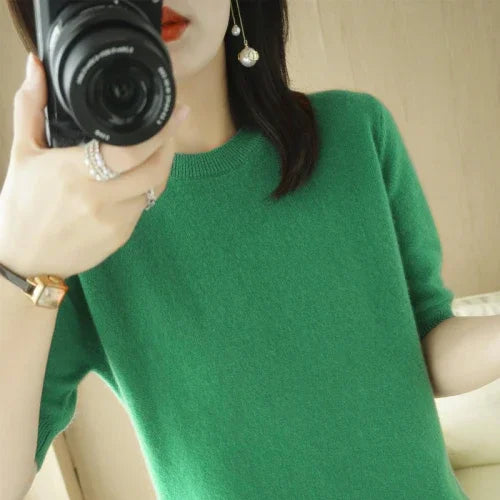 2025 Spring Summer Womens Sweater Short Sleeve O-neck Slim Fit Knitted Pullovers Bottoming Casual Knitwear Camel Pink Clothes