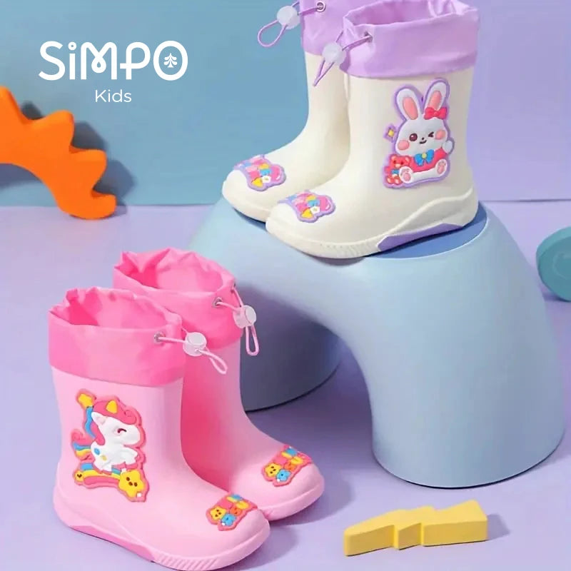 Kids Rain Boots For Girls Cartoon Unicorn Rabbit Spaceman Dinosaur Pattern Rubber Rainboot Boys Children Waterproof Shoes
