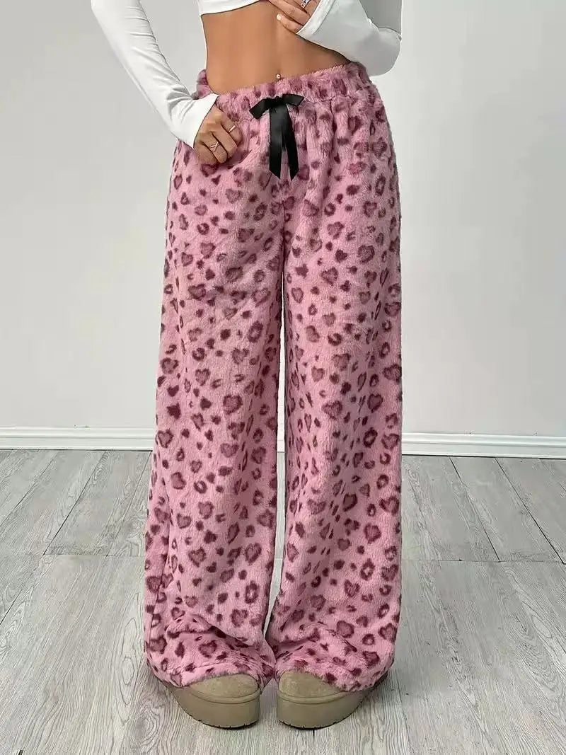 Women Casual Trousers Elastic Waistband Drawstring Tie Pajama Bottoms Leopard Print Wide Leg Lounge Pants