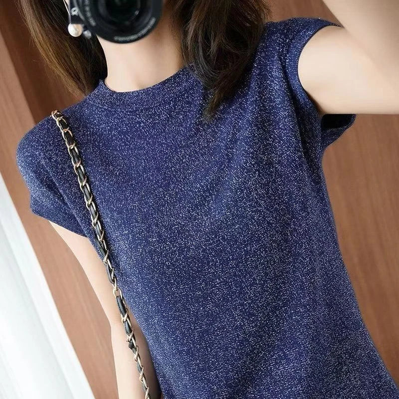 Commuter Joker Bright Silk Round Neck Ice Silk Short-Sleeved T-Shirt Women's Summer Thin Loose Slim Plus Size Vest Sweater