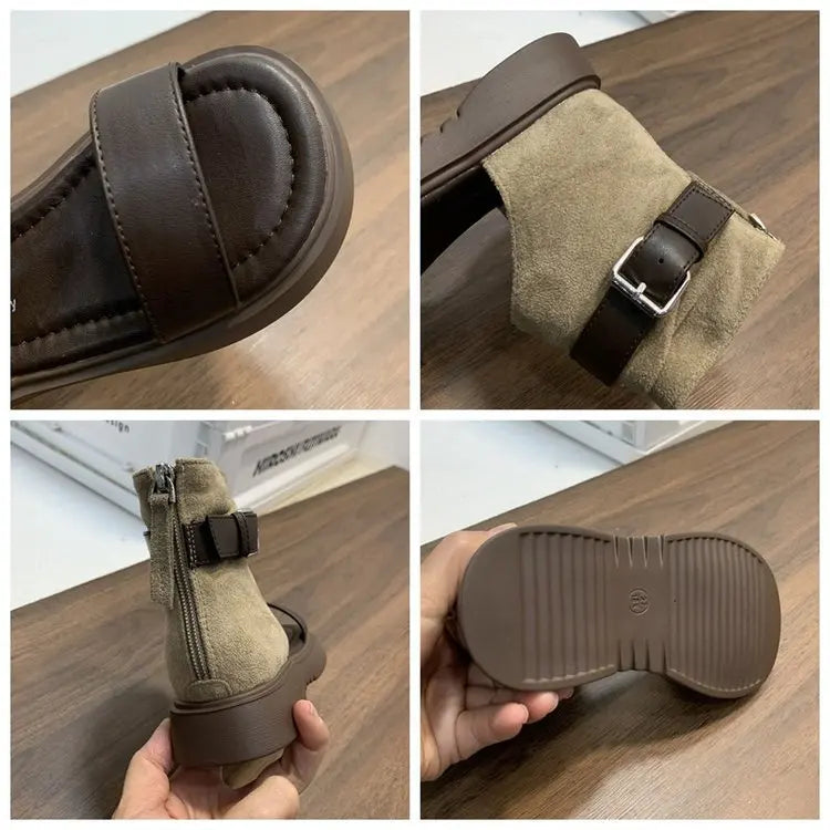 Kids Suede High Top Sandal Boots Single Buckle Back Zipper Thick Platform Sole For Summer Walking Outdoor Outings For Girls