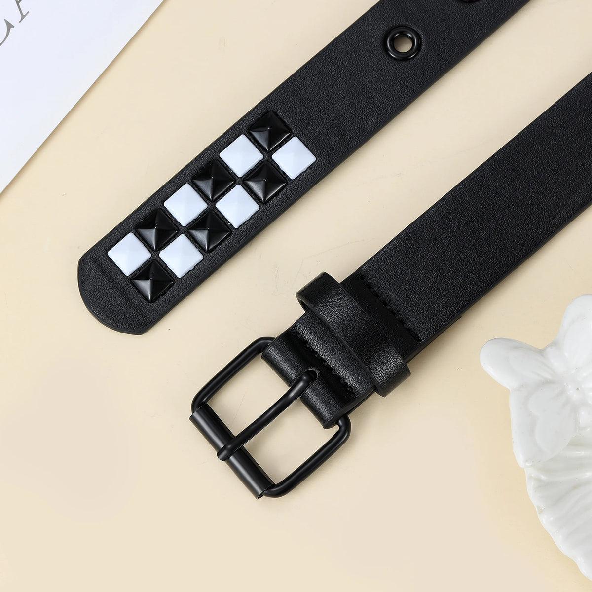 Kids Unisex Pu Leather Belt, Black & White Square Rivet Studded Waist Strap for Boys Girls Jeans