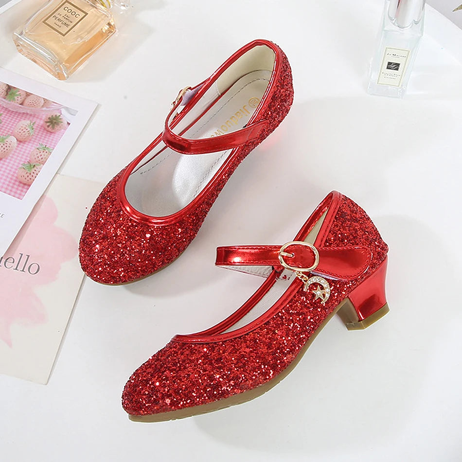 Girls Fashion Sequin High Heels for Kids Princess Shoe Children Party Wedding Dance Shoe Student Performance Solid Color Shoes