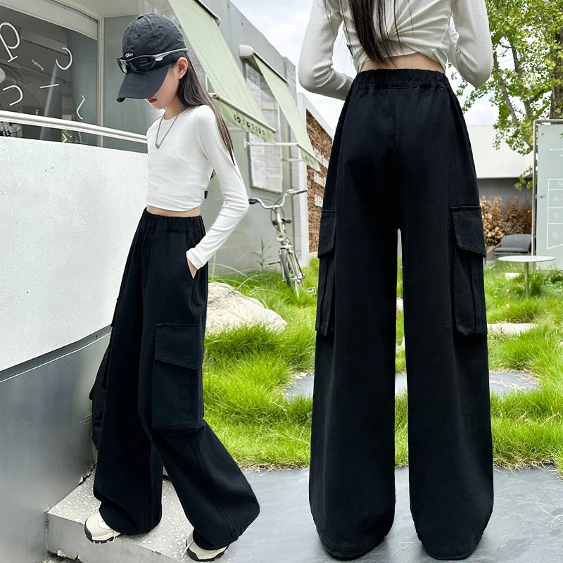 Children Cargo Pants for Girls 2025 Spring Casual Trousers Fashion Cotton Kids Pants Teenagers Sports Pants With Pocket 5-14Y