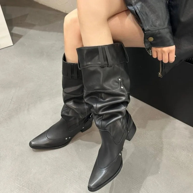 Wrapped Single Boots for Women Spring Summer Pointed Toe Studded Metal Buckle Side Zipper No Knee Block Heel Boots