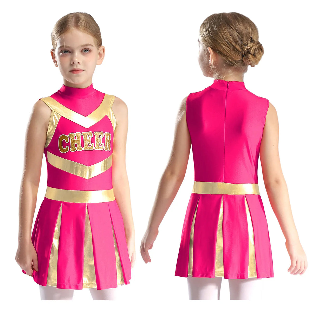Kids Girl Cheerleading Dance Performance Costume Sleeveless Leotard Dress for School Show Sports Meeting Halloween Cosplay Party