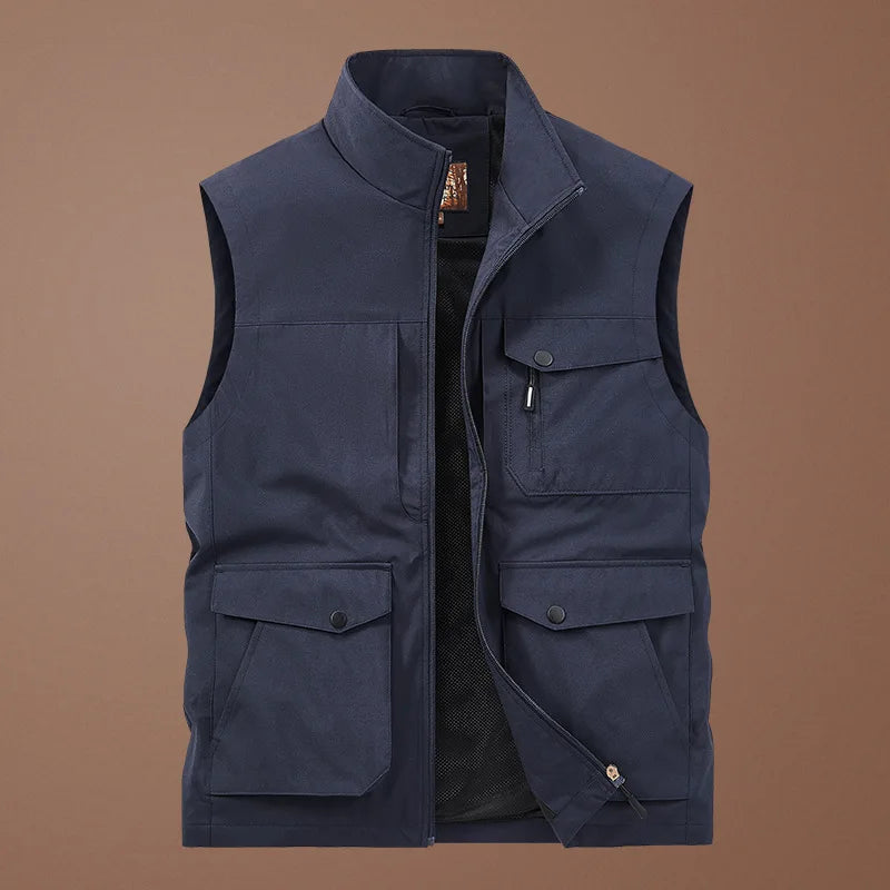 Men's Thin Tooling Loose Quick Drying Vest Men's Outdoor Sports Coat Multi Pocket Stand Collar Vest Spring Camping Fishing Vest