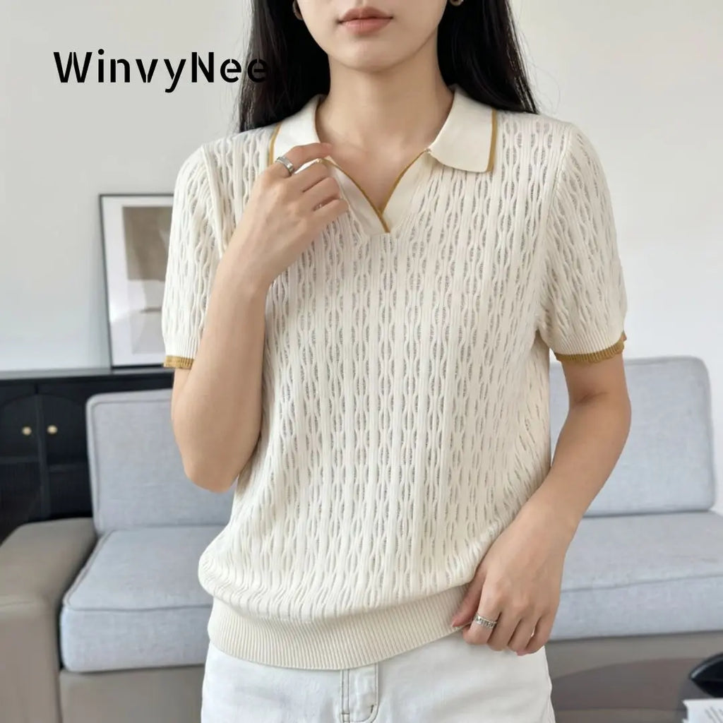WinvyNee Spring Summer Women Cotton Polo V Collar Sweater Knitted Top Green Solid Short Sleeve Casual Pullover T-Shirt ZA1002042