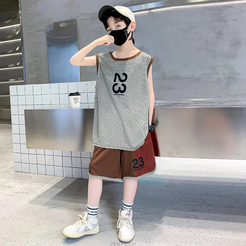Kids Boys Summer Sports Jerseys Children Vest And Shorts Tracksuit 2Pcs Clothing Set Kids Basketball Clothes Set Sporty Uniform