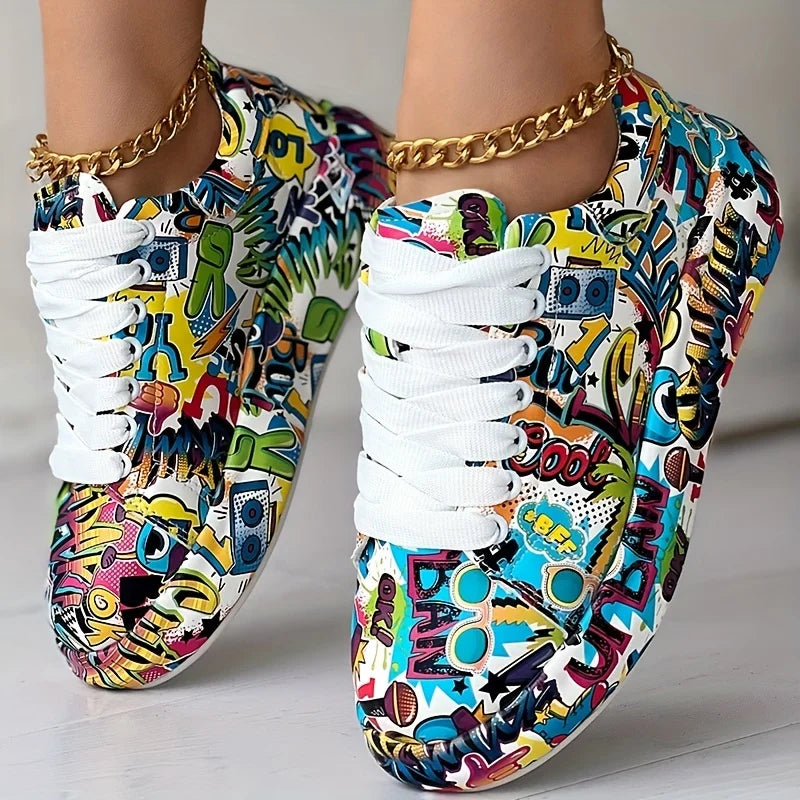 Women's Graffiti Print Sneakers Fashion Lace-up Low-top Platform Sneakers Casual Skateboard Shoes Sneakers New Vulcanized Shoes
