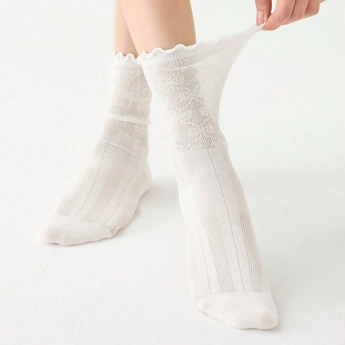 3 Pairs Women Socks Spring Summer Solid Color Thin Mesh Breathable Cute Lace Fashion Korean Style Long Socks for Women