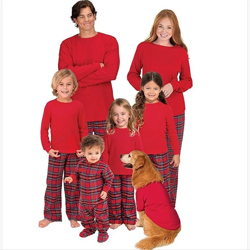 Matching Family Christmas Pajamas Set with Festive Letter Print Tops and Plaid Pants - Holiday Sleepwear for Adults and children