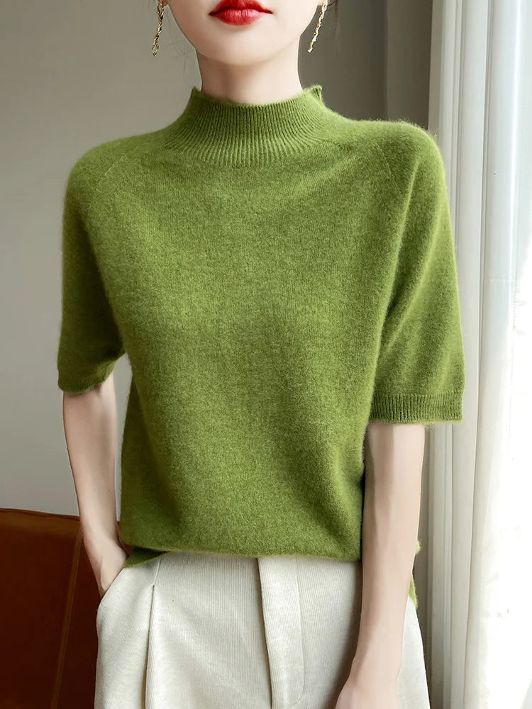 Short Sleeve Women Sweater Basics 30% Merino Wool Female Knitted Pullover Summer Clothing Tops Solid Casual Mock Neck T Shirts