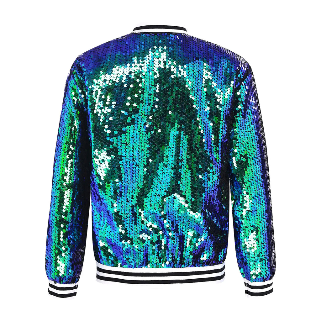 Kids Girls Sequin Jackets 6-16 Children Baseball Coat Outerwear Disco Performance Jazz Dance Costume Party Fashion Streetwear