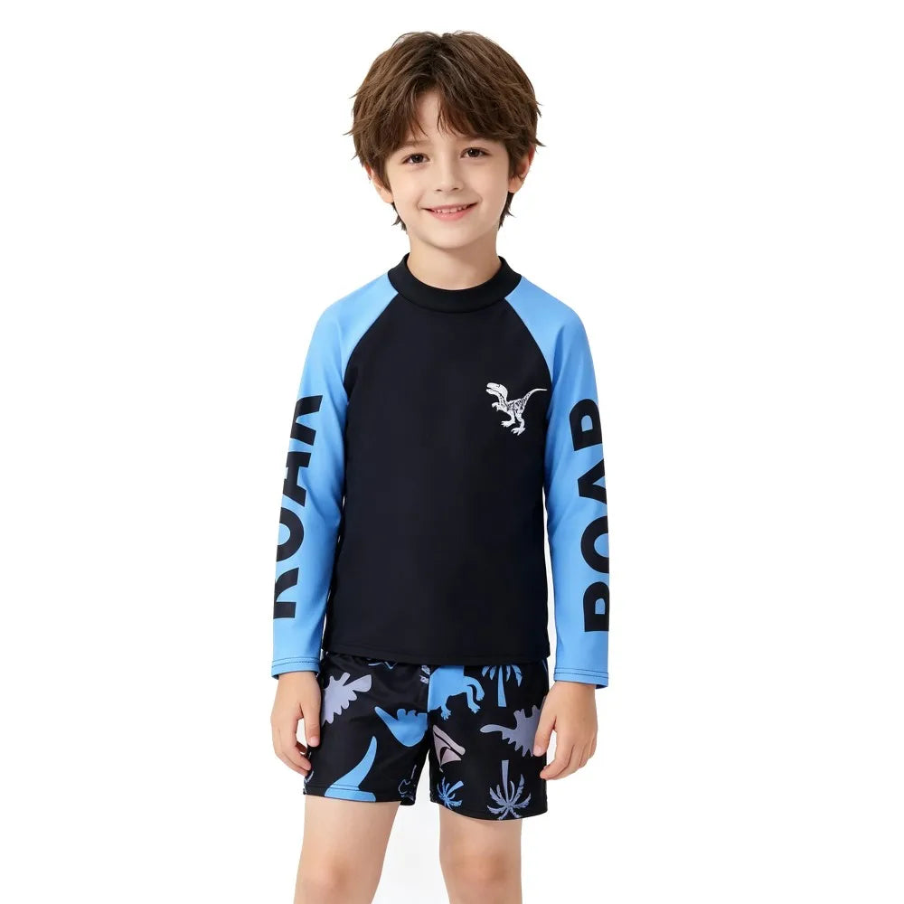 Boys 2-Piece Dinosaur Swimwear Long Sleeve Children Swimsuit Rash Guard Top+Shorts Bathing Suit For Toddler Kids Beach Pool