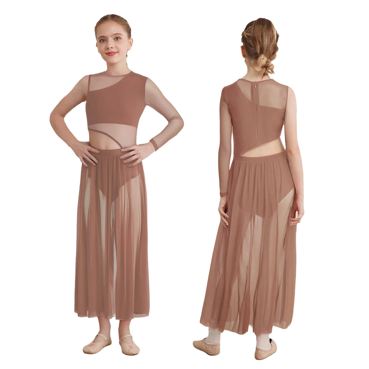 Kids Girls Lyrical Contemporary Dance Dress Patchwork Side Split Mesh Shiny Rhinestones Dresses Competition Performance Costumes