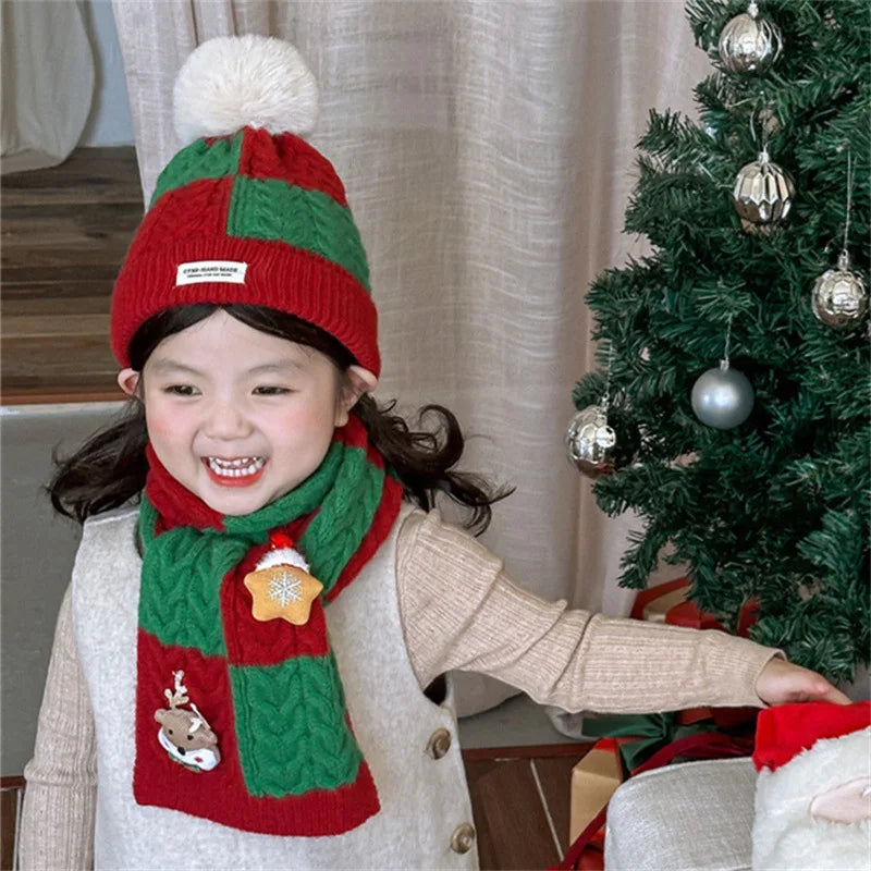 Kids' Christmas Knitted Wool 2in1 Scarf & Beanie Set - Winter Warm, Festive Decor, Unisex