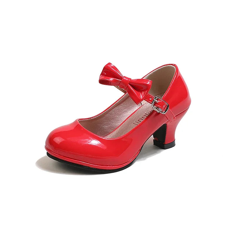 Fashion Girls High Heels Glossy Bowtie Kids Leather Shoe Spring Autumn Children Causal Princess Dress Shoes for Evening Party