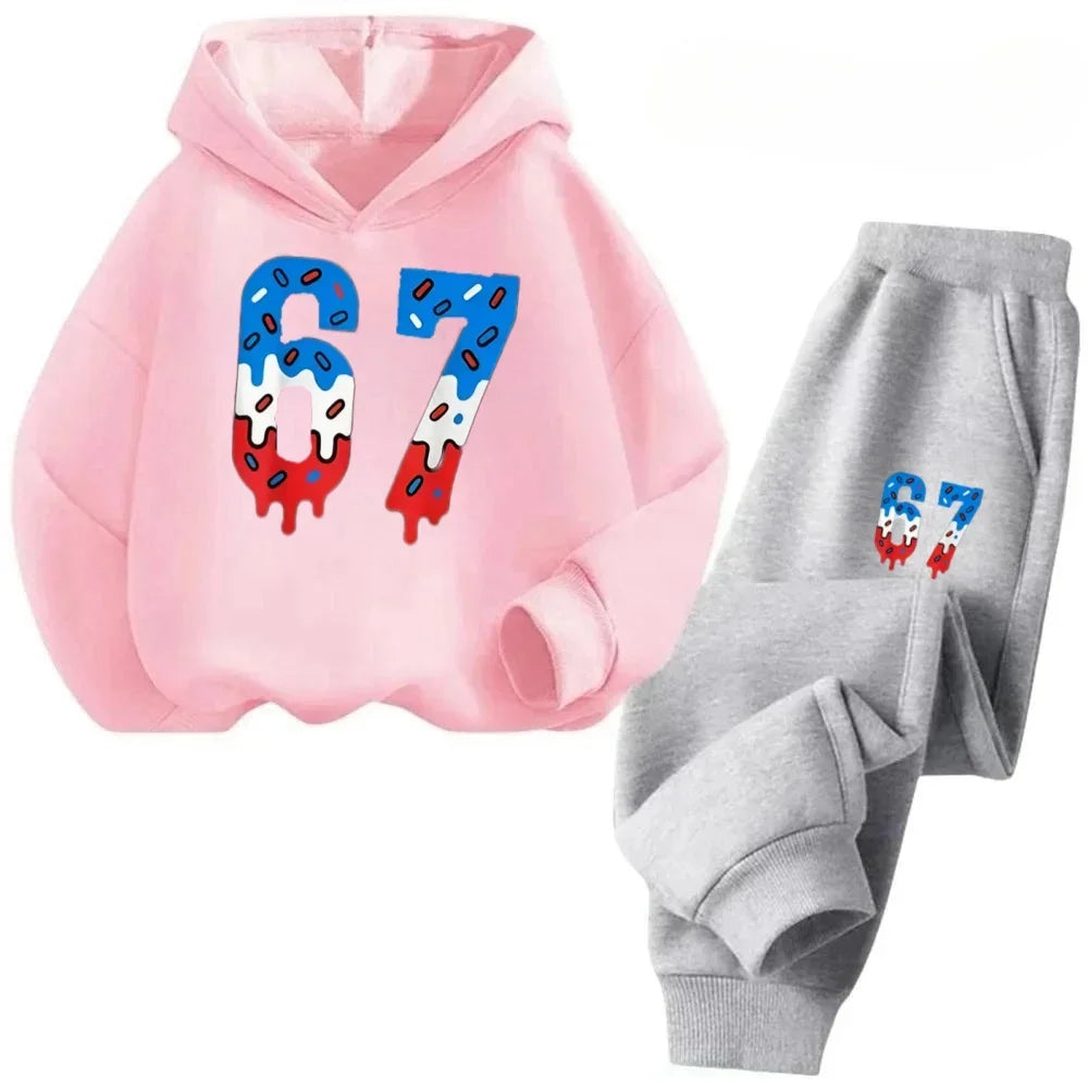 67 Chic Children's Hoodies Set 4-13Y Korean Streetwear Block Tracksuit Fashion Comfortable Kids Sweatshirt 2 Pcs Sets Pant Suit